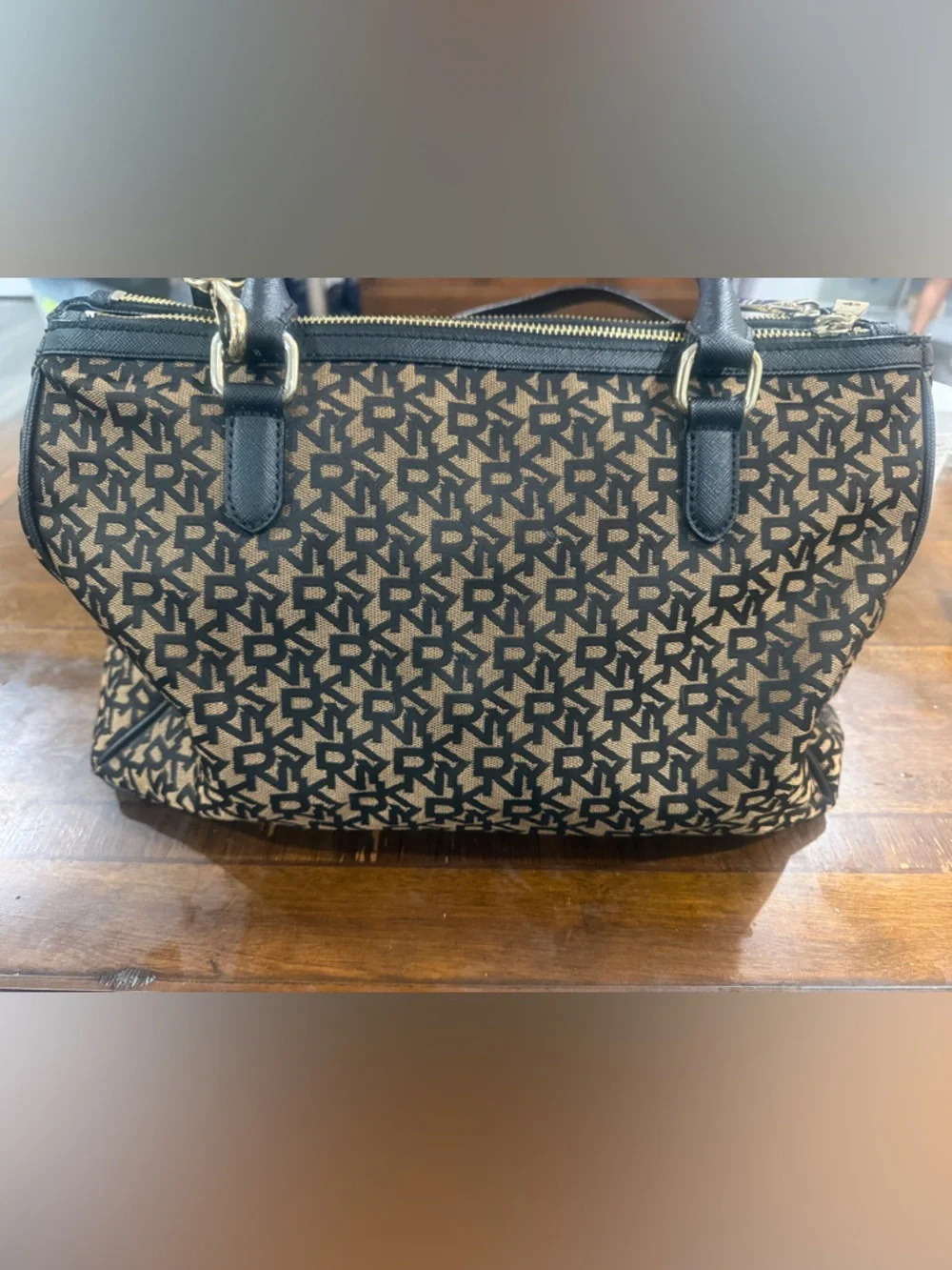 DKNY Black and Brown Monogram Tote with Gold Charm